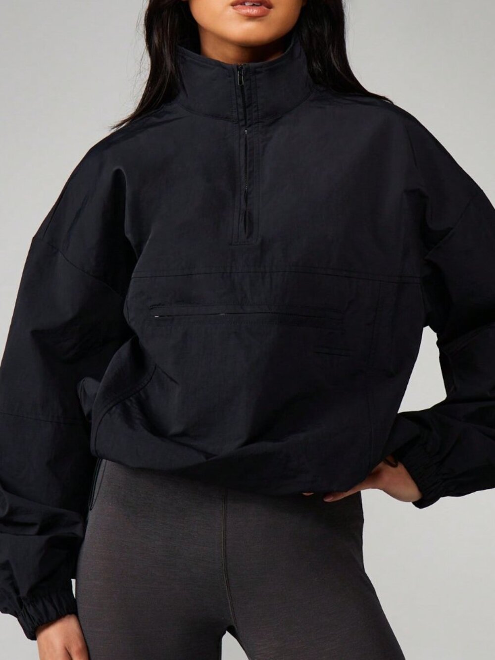 Black Casual Women's Funnel Neck Half Zip Pullover Windbreaker Jacket